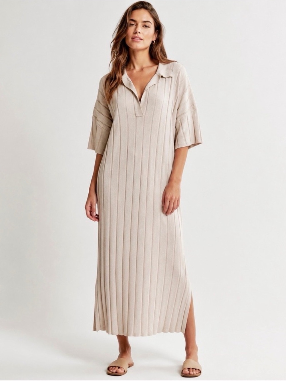 H&M Ribbed Collar Maxi Dress - Beige